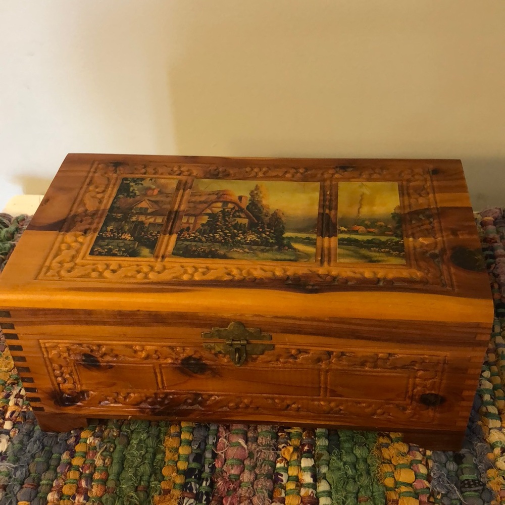 Vintage decorative wooden candy box. 3 Panel picture on lid. Mirror on interior